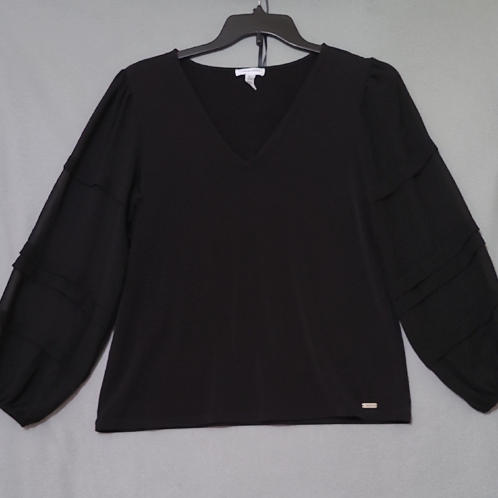 CALVIN KLEIN Elegant Black V-Neck Women's Top Sheer‎ Long Sleeves - Size Medium